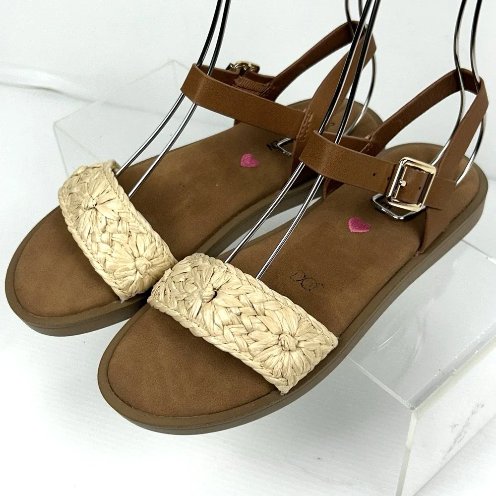 Steve‎ Madden Kids Girls Size 3 Tan Woven Straw Slingback Sandals Pink NEW